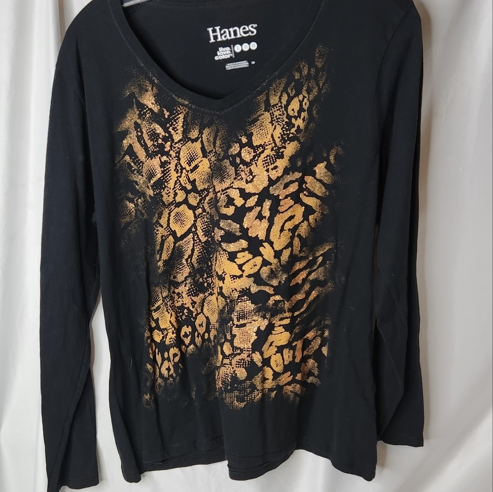 Hanes Women Top Black Gold Snape Leopard Animal Print T-Shirt Metallic Size L